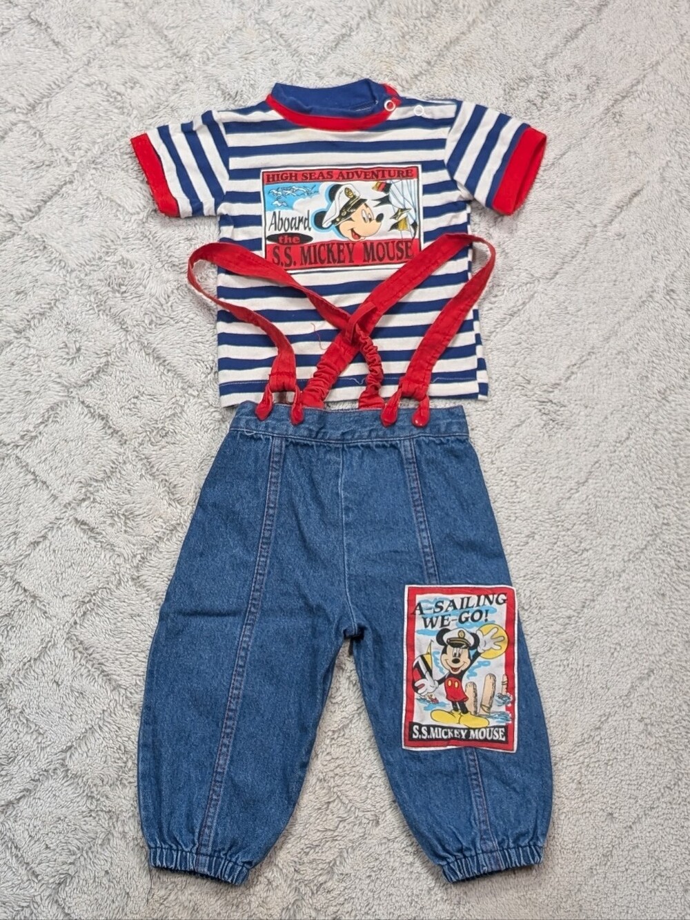 Vintage Disney Mickey Mouse Overalls Set Kids 18 M SS Mickey Sailing Naval Shirt